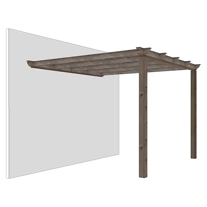 Pérgola adosada Classic - L x An: 300 x 300 cm - Imagen de una pérgola adosada a la pared con dos postes de madera, que ofrece sombra y estructura arquitectónica.