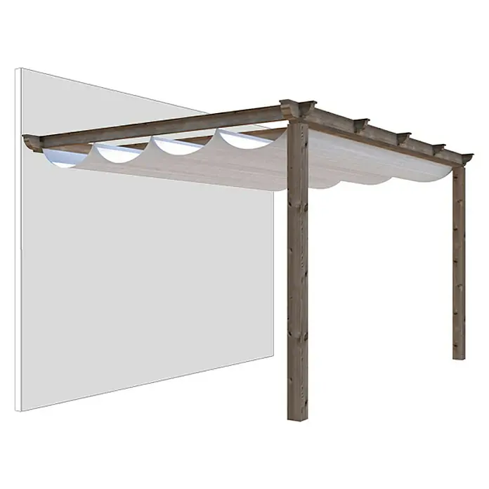 Pérgola con toldo corredero con toldo Classic - L x An: 400 x 300 cm - Vista de un kit de pérgola de madera con tela de vela para sombra, proporcionando una adición exterior elegante.