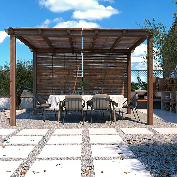 Pérgola estándar Classic - L x An: 400 x 400 cm - Una encantadora escena al aire libre con una elegante zona de comedor bajo una pérgola de madera, perfecta para disfrutar de comidas al aire libre.