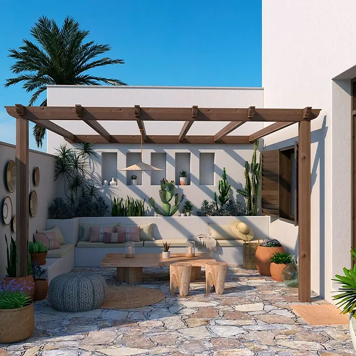 Pérgola estándar Classic - L x An: 400 x 400 cm - Terraza con pérgola de madera, zona de estar con cojines y mesa, rodeada de plantas y decoraciones. Espacio exterior acogedor con encanto natural.