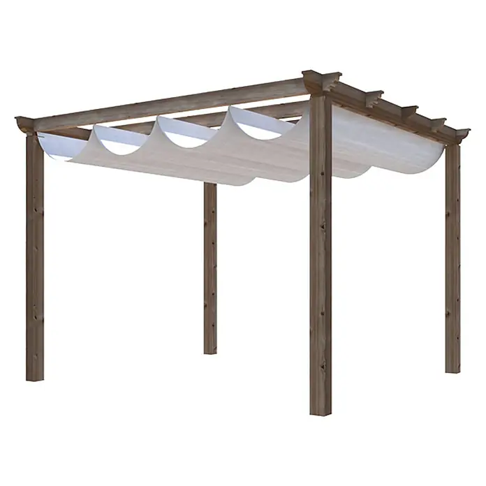Pérgola con toldo corredero Classic - L x An: 300 x 300 cm - La pérgola con estructura de madera y techo de tela blanca ofrece un espacio exterior elegante y sombreado. Ideal para jardín o patio.