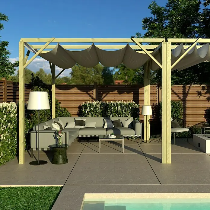 Pérgola con toldo corredero Eco - L x An: 300 x 300 cm, Natural - Una pérgola moderna con un elegante techo de tela ofrece sombra y protección. La pérgola forma parte de un patio acogedor con muebles cómodos.