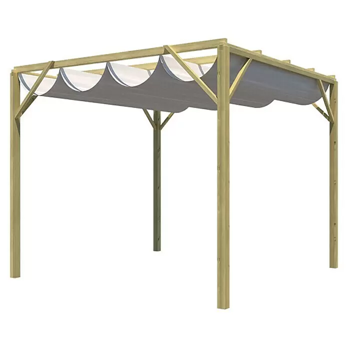 Pérgola con toldo corredero Eco - L x An: 300 x 300 cm, Natural - Pérgola de madera con toldo de tela retráctil ondulado gris y blanco para sombra exterior.