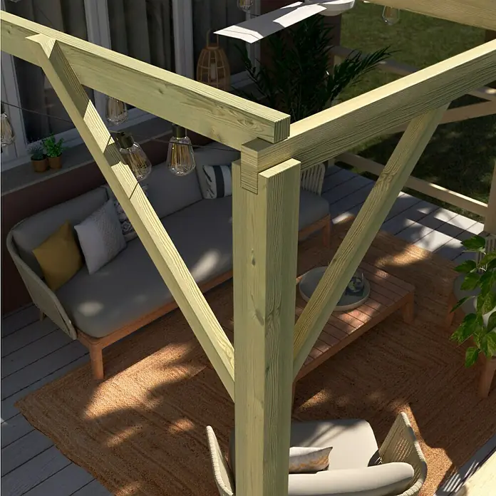 Pérgola estándar Eco - L x An x Al: 400 x 300 x 250 cm, Natural - Una hermosa área de patio con una elegante pérgola, muebles cómodos y luces decorativas para una vida relajada al aire libre.