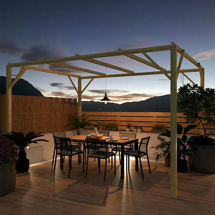 Pérgola estándar Eco - L x An x Al: 400 x 300 x 250 cm, Natural - Un espacio exterior acogedor con un elegante comedor bajo una pérgola de madera, ideal para cenar al aire libre.
