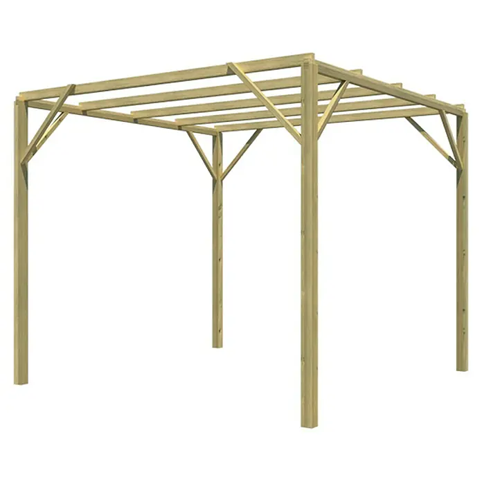 Pérgola estándar Eco - L x An x Al: 300 x 300 x 250 cm, Natural - Imagen de una pérgola de madera, ideal para dar sombra y como decoración de jardín. La pérgola es de madera clara y tiene un techo abierto.