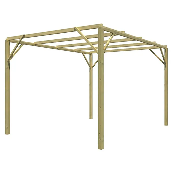 Pérgola estándar Eco - L x An x Al: 400 x 300 x 250 cm, Natural - Imagen de una pérgola de madera con detalles de la veta y la construcción visibles sobre un fondo negro.