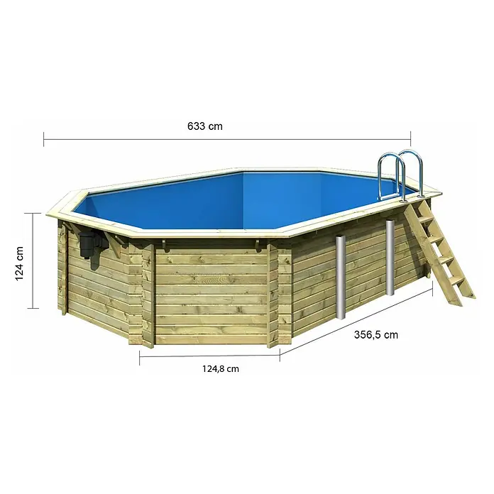 Karibu Holz-Pool Orlando Größe 4 - L x B x H: 611 x 400 x 124 cm, Naturbraun, 19.000 l, Ohne Poolterrasse - Bild eines hölzernen Aufstellpools mit Maßen. Das Becken ist rechteckig mit abgeschnittenen Ecken und verfügt über eine Leiter.