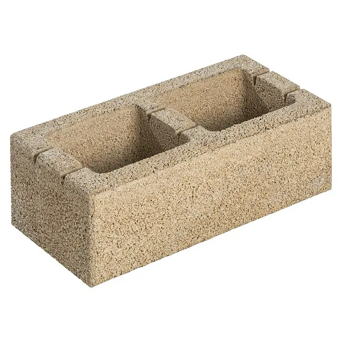 Diephaus Mauerstein Logan45 x 22,5 x 16,5 cm, Sandstein, Beton - Ansicht eines beigen Hohblocksteins mit zwei großen Löchern, der für Bauprojekte entwickelt wurde. Die Textur ist rau.