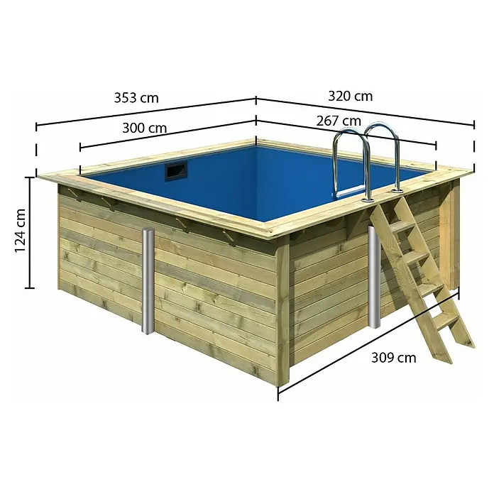 Karibu Holz-Pool Palm Beach - L x B x H: 320 x 353 x 124 cm, Naturbraun, 8.800 l - Abbildung eines oberirdischen Holzpools mit den Maßen 353 cm x 320 cm und einer Höhe von 124 cm. Eine Leiter führt in das Becken.