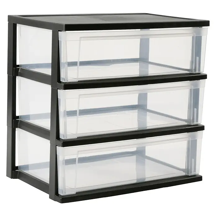 Schubladenturm - L x B x H: 60 x 41 x 59 cm, Schwarz/Transparent, Anzahl Schubladen: 3 Stk., Kunststoff - Ein 3-stöckiger Aufbewahrungsturm mit transparenten Schubladen und schwarzem Rahmen bietet praktischen Stauraum.