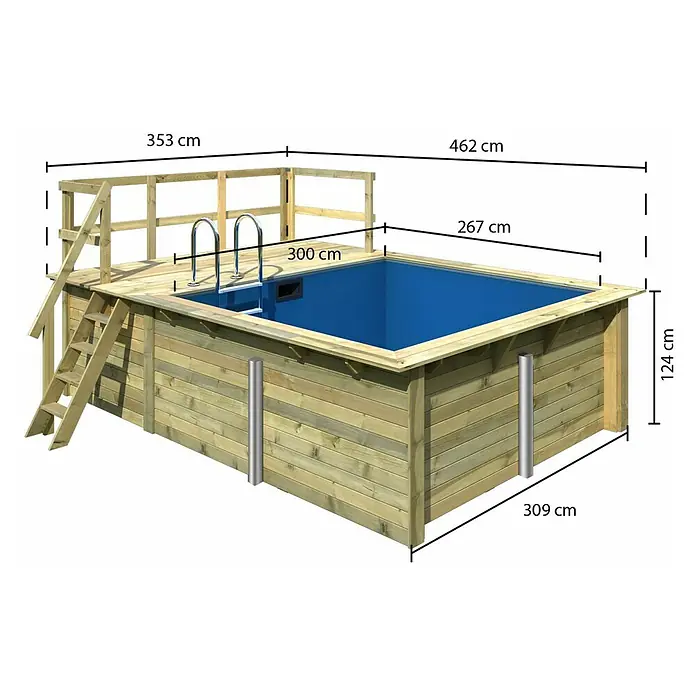 Karibu Holz-Pool Palm Beach mit Sonnenterrasse - L x B x H: 462 x 353 x 124 cm, Naturbraun, 8.800 l - Abgebildeter Holzpool mit Leiter und den Maßen 353 cm, 462 cm, 267 cm, 300 cm, 124 cm und 309 cm.