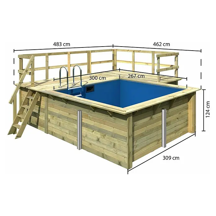 Karibu Holz-Pool Palm Beach mit Sonnenterrasse - L x B x H: 462 x 483 x 124 cm, Naturbraun, 8.800 l - Bild eines Holzpools mit den Maßen 483 cm x 462 cm.