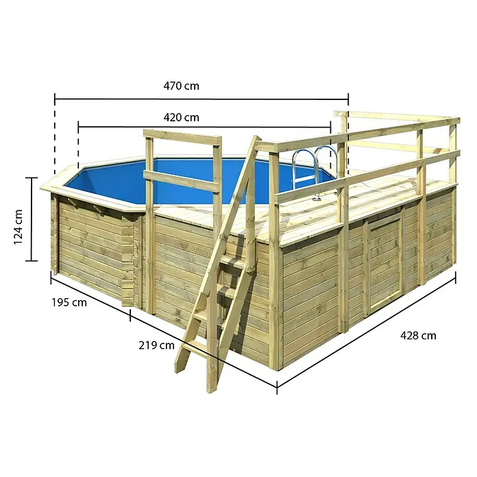 Karibu Holz-Pool Orlando Größe 2 - L x B x H: 550 x 470 x 124 cm, Naturbraun, 16.000 l, Mit 2 x Sonnendeck M - Bild eines hölzernen Aufstellpools mit den Maßangaben.