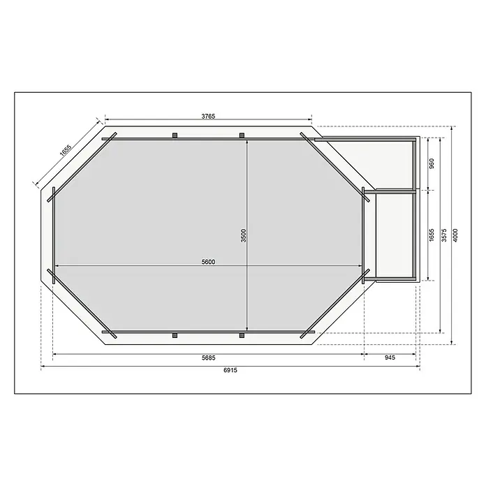 Karibu Holz-Pool Orlando Größe 4 - L x B x H: 691,5 x 400 x 124 cm, Naturbraun, 19.000 l, Mit Sonnendeck M - Detaillierte Bauzeichnung eines Gartenhauses mit allen Maßen.