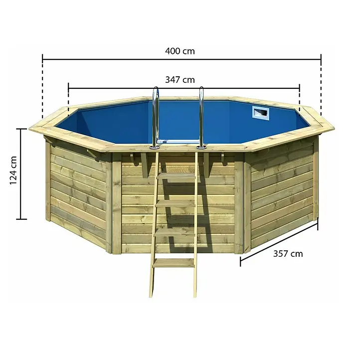 Karibu Holz-Pool Miami - Ø x H: 432,5 x 124 cm, Braun/Blau, 11.600 l - Abgebildeter sechseckiger Holzpool mit Leiter und Maßangaben zur Darstellung der Produktabmessungen.