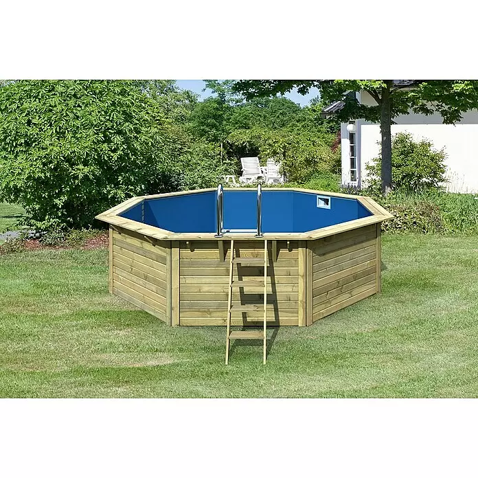 Karibu Holz-Pool Miami - Ø x H: 508 x 124 cm, Braun/Blau, 15.950 l - Achteckiger Holz-Aufstellpool mit blauer Folie und externer Leiter.