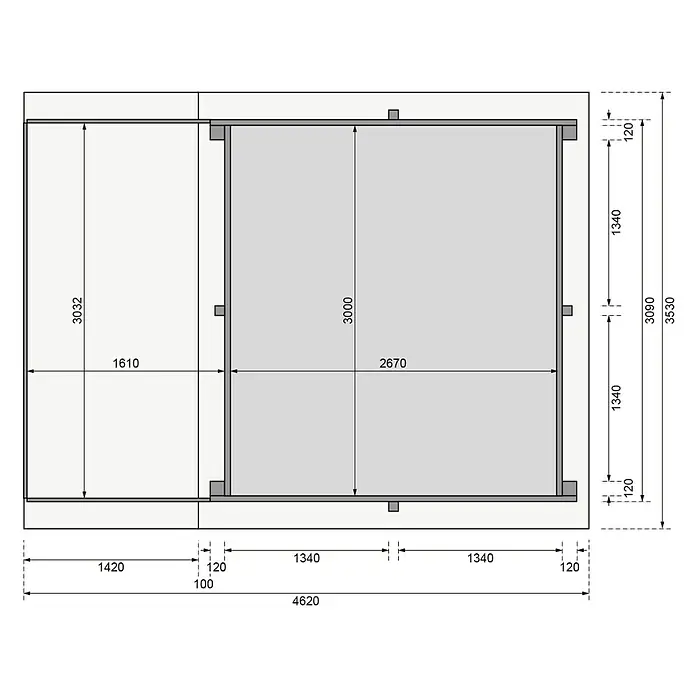 Karibu Holz-Pool Palm Beach mit Sonnenterrasse - L x B x H: 462 x 353 x 124 cm, Naturbraun, 8.800 l - Abbildung zeigt einen Grundriss mit Maßen von einem Haus, einschließlich der Raumgrößen und Wandstärken.