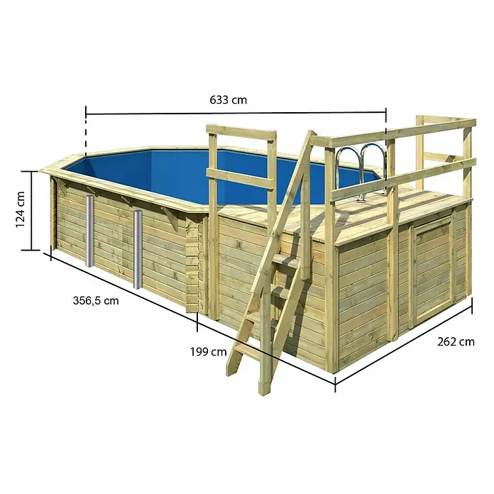 Karibu Holz-Pool Orlando Größe 4 - L x B x H: 691,5 x 400 x 124 cm, Naturbraun, 19.000 l, Mit Sonnendeck M - Bild eines hölzernen Aufstellpools mit den Maßen 633 cm x 356,5 cm x 262 cm und einer Höhe von 124 cm, inklusive Leiter.