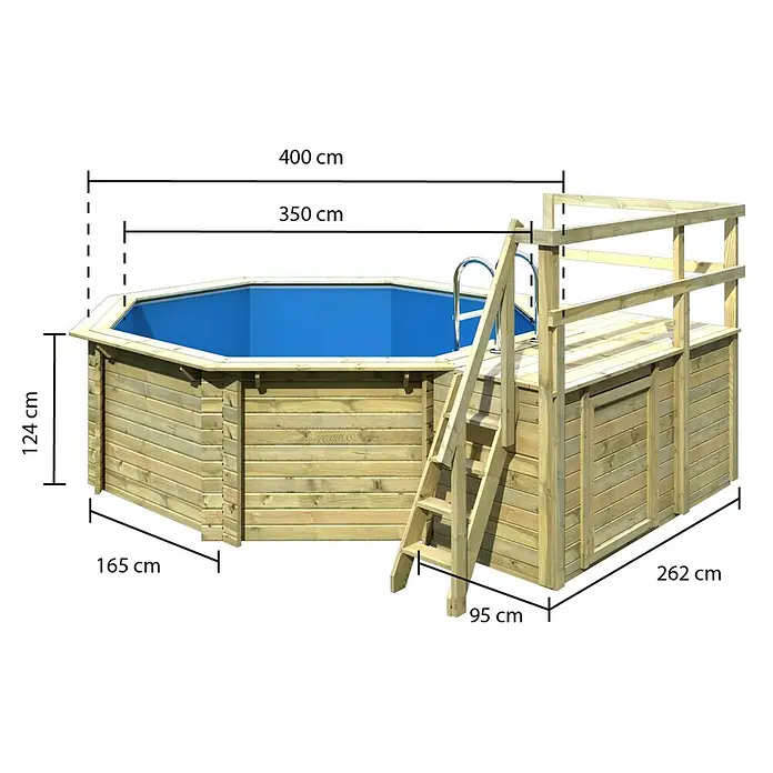 Karibu Holz-Pool Orlando Größe 1 - L x B x H: 480 x 400 x 124 cm, Naturbraun, 11.000 l, Mit Sonnendeck M - Bild eines Holzpools mit den Maßen 400 cm x 262 cm. Die Höhe des Pools beträgt 124 cm und die Plattform ist 95 cm breit.