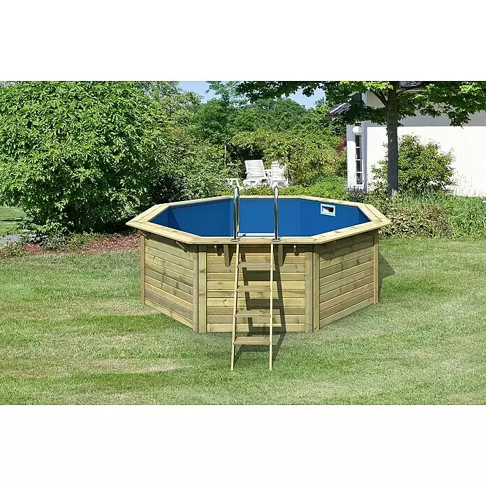 Karibu Holz-Pool Miami - Ø x H: 432,5 x 124 cm, Braun/Blau, 11.600 l - Hexagonales Holz-Aufstellbecken mit blauer Folie und Leiter.