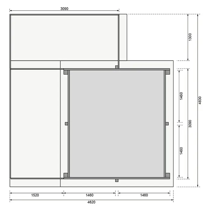 Karibu Holz-Pool Palm Beach mit Sonnenterrasse - L x B x H: 462 x 483 x 124 cm, Naturbraun, 8.800 l - Bauplan eines Gartenhauses mit den Abmessungen 4620 x 4830 mm. Das Haus verfügt über zwei Räume, davon einer 3090 mm breit.