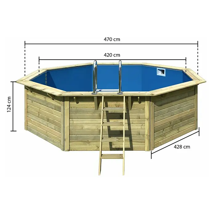 Karibu Holz-Pool Miami - Ø x H: 508 x 124 cm, Braun/Blau, 15.950 l - Bild einer Holzterrasse mit blauem Pool und Leiter mit den Maßen 470 cm, 420 cm, 428 cm und 124 cm.