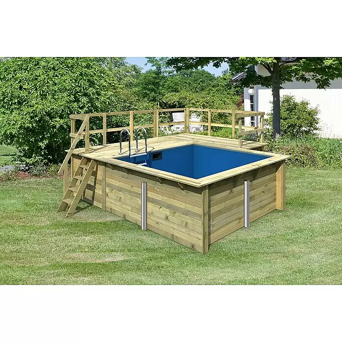 Karibu Holz-Pool Palm Beach mit Sonnenterrasse - L x B x H: 462 x 483 x 124 cm, Naturbraun, 8.800 l - Hölzerner Aufstellpool mit integrierter Terrasse und Leiter.