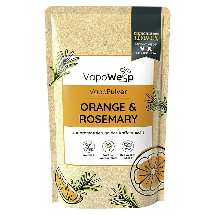VapoWesp Räucherpulver - Orange & Rosemary, 100 g - Produktverpackung VapoWesp Orangen- und Rosmarinpulver, bekannt aus "Die Höhle der Löwen", zur Aromatisierung von Kaffeerauch.
