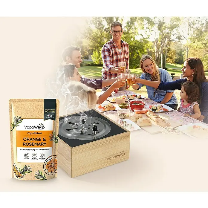 VapoWesp Räucherpulver - Orange & Rosemary, 100 g - VapoWesp Räucherpulver "Orange & Rosemary" mit Duftspender: Aromatisiert Kaffeerauch zur Wespenabwehr während des Picknicks im Freien.