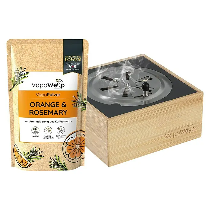 VapoWesp Räucherpulver - Orange & Rosemary, 100 g - Das VapoWesp-Set mit Orangen- und Rosmarinpulver zur Aromatisierung von Kaffee, bekannt aus "Die Höhle der Löwen", ist ein Muss für Kaffeeliebhaber.