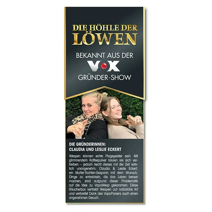 VapoWesp Räucherpulver - Orange & Rosemary, 100 g - Anzeige für VapoWesp, eine Räucherbox zur natürlichen Wespenabwehr, bekannt aus "Die Höhle der Löwen", präsentiert von den Gründerinnen Claudia und Leslie Eckert.