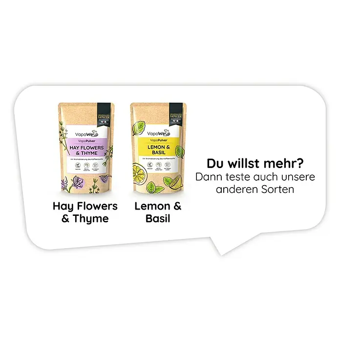 VapoWesp Räucherpulver - Orange & Rosemary, 100 g - Zwei VapoWesp VapoPulver Packungen: Heublumen & Thymian und Zitrone & Basilikum, mit der Aufschrift "Du willst mehr? Dann teste auch unsere anderen Sorten".
