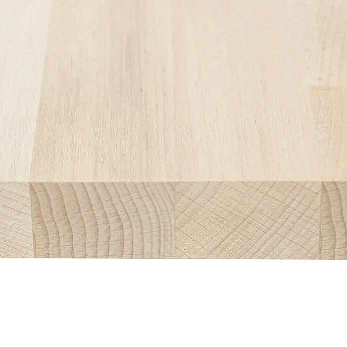 Exclusivholz MassivholzplatteBuche, 260 x 63,5 x 2,7 cm - Nahaufnahme einer hellen Holzplatte, die die natürliche Maserung und Textur des Holzes zeigt, ideal für Arbeitsplatten oder Möbel.