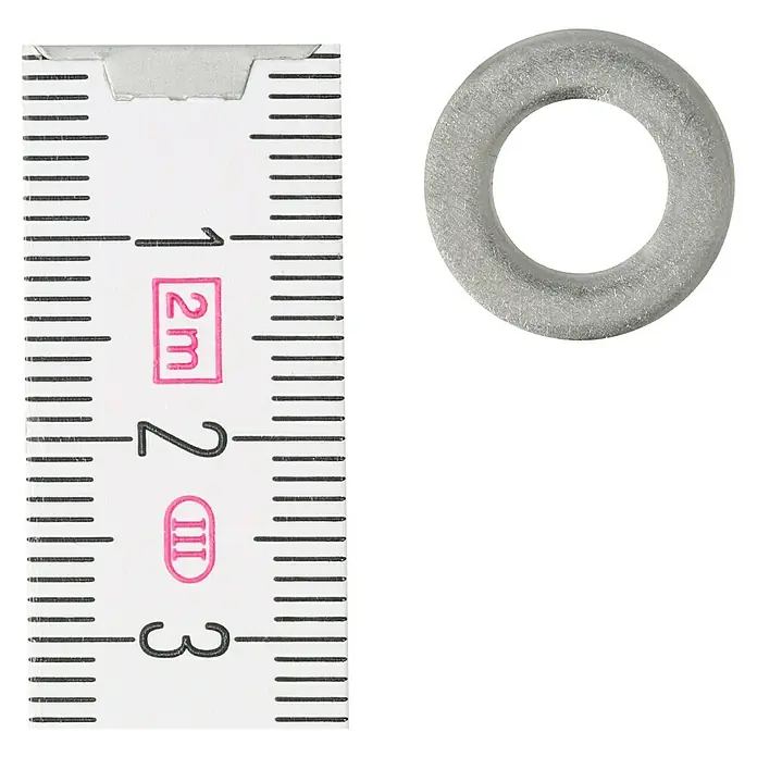 Profi Depot Unterlegscheibe A2 - Außendurchmesser: 16 mm, 100 Stk., Edelstahl - Nahaufnahme einer Unterlegscheibe neben einem Messstock, der die geringe Größe des Produkts hervorhebt.