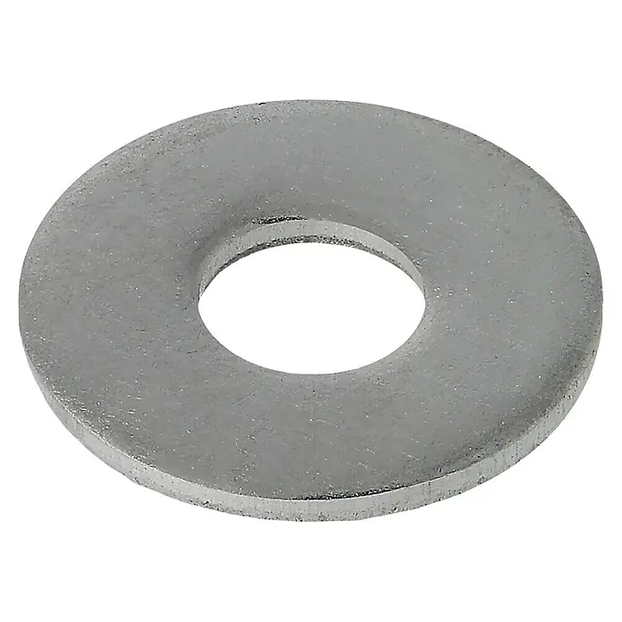 Profi Depot Bauscheibe A2 - Außendurchmesser: 12 mm, 100 Stk., Edelstahl - Nahaufnahme einer Unterlegscheibe, ein kleines rundes Blech mit einem Loch, das unter einer Schraube oder Mutter verwendet wird.