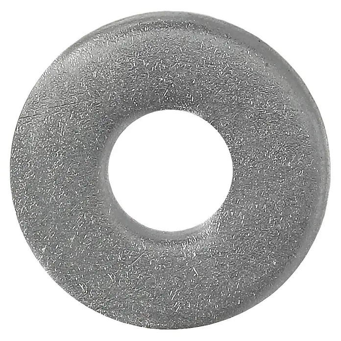 Profi Depot Bauscheibe A2 - Außendurchmesser: 12 mm, 100 Stk., Edelstahl - Ein detailliertes Bild einer silbernen Unterlegscheibe mit einer rauen Textur und einem dunklen Loch in der Mitte.