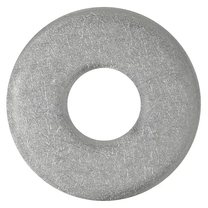 Profi Depot Bauscheibe A2 - Außendurchmesser: 30 mm, 100 Stk., Edelstahl - Nahaufnahme einer flachen, runden Unterlegscheibe aus Metall mit einem Loch in der Mitte. Für Schrauben, Bolzen und Muttern.