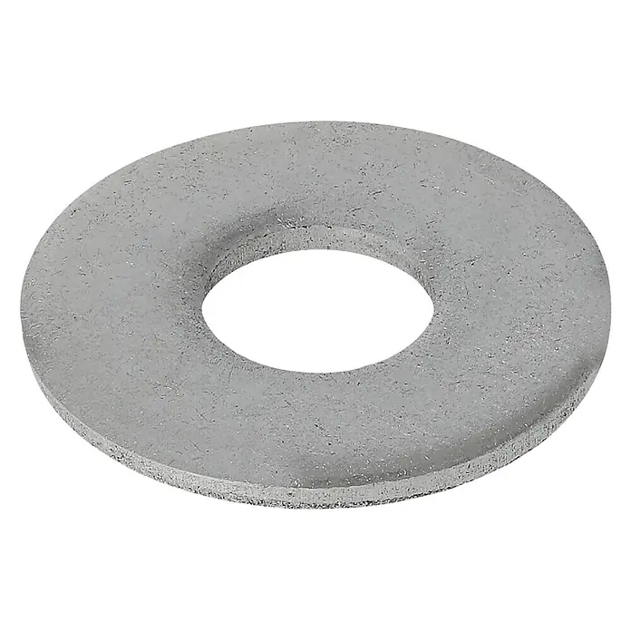 Profi Depot Bauscheibe A2 - Außendurchmesser: 18 mm, 100 Stk., Edelstahl - Nahaufnahme einer silbernen Unterlegscheibe vor schwarzem Hintergrund. Ideal für Bauprojekte, bietet die Scheibe eine gleichmäßige Druckverteilung.