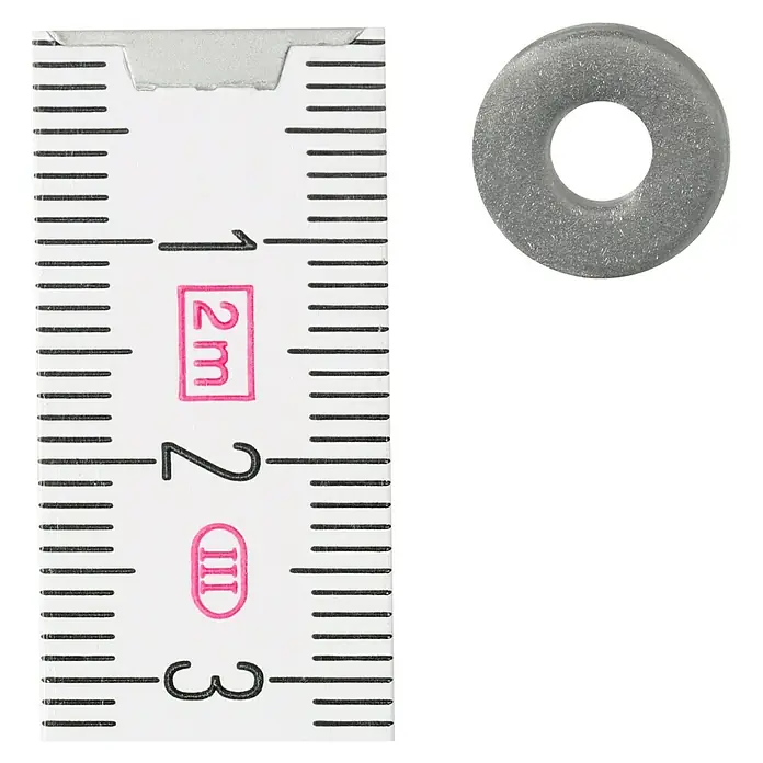 Profi Depot Bauscheibe A2 - Außendurchmesser: 12 mm, 100 Stk., Edelstahl - Nahaufnahme einer transparenten Unterlegscheibe neben einem Messlineal, das eine Größe von ca. 23 mm anzeigt.