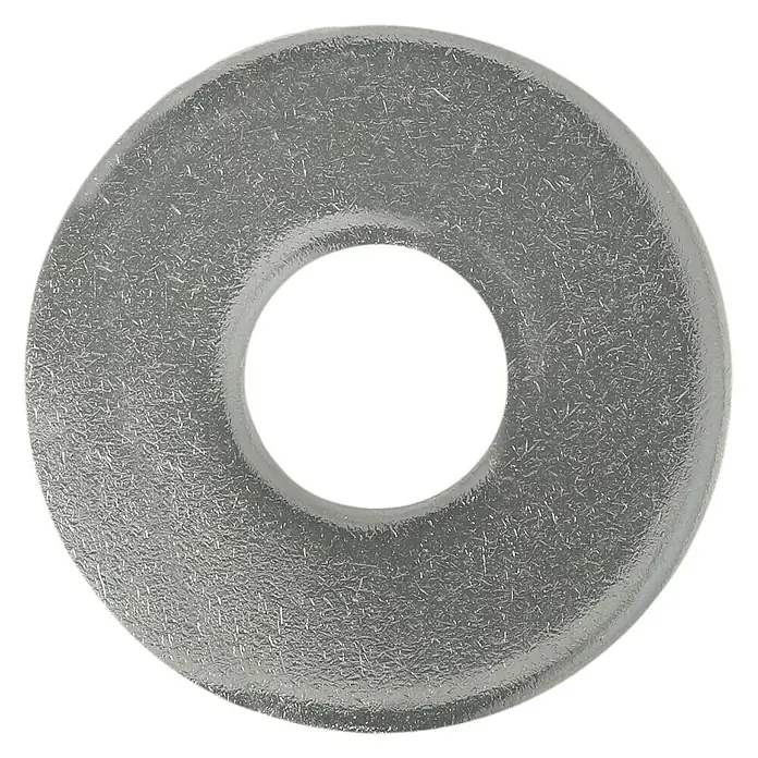 Profi Depot Bauscheibe A2 - Außendurchmesser: 25 mm, 100 Stk., Edelstahl - Nahaufnahme einer Unterlegscheibe aus Metall mit einer texturierten Oberfläche und einem zentralen Loch auf schwarzem Hintergrund.