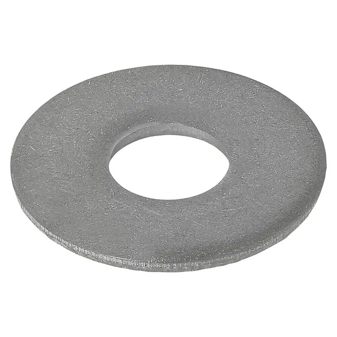 Profi Depot Bauscheibe A2 - Außendurchmesser: 15 mm, 100 Stk., Edelstahl - Nahaufnahme einer Unterlegscheibe aus Metall. Das Bild zeigt die Textur und Form der Unterlegscheibe vor einem schwarzen Hintergrund.