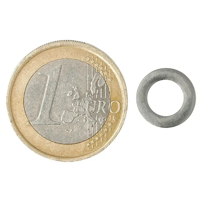 Profi Depot Unterlegscheibe A2 - Außendurchmesser: 12 mm, 100 Stk., Edelstahl - Ein Euro-Münze neben einem durchsichtigen Silikonring.