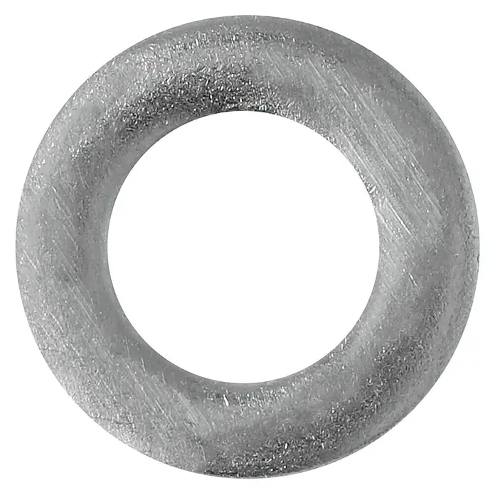 Profi Depot Unterlegscheibe A2 - Außendurchmesser: 12 mm, 100 Stk., Edelstahl - Nahaufnahme eines silbernen O-Rings mit Gebrauchsspuren und Kratzern.