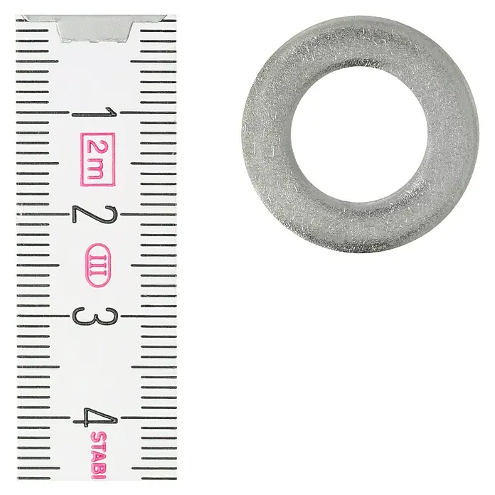 Profi Depot Unterlegscheibe A2 - Außendurchmesser: 24 mm, 100 Stk., Edelstahl - Nahaufnahme einer Unterlegscheibe neben einem Messwerkzeug, das die Größe des Artikels anzeigt.