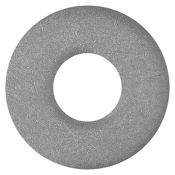 Profi Depot Bauscheibe A2 - Außendurchmesser: 15 mm, 100 Stk., Edelstahl - Graues kreisförmiges Objekt mit einem Loch in der Mitte, das eine Scheibe oder einen Ring darstellt, auf schwarzem Hintergrund.