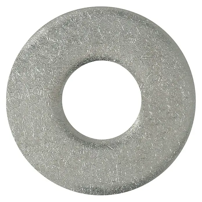 Profi Depot Bauscheibe A2 - Außendurchmesser: 18 mm, 100 Stk., Edelstahl - Nahaufnahme einer glänzenden, silbernen Unterlegscheibe auf schwarzem Hintergrund. Ideal für Bau- und Reparaturprojekte.