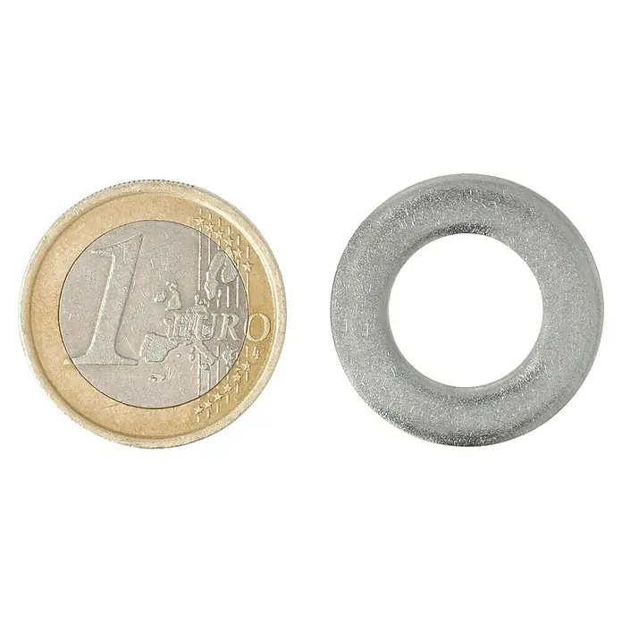Profi Depot Unterlegscheibe A2 - Außendurchmesser: 24 mm, 100 Stk., Edelstahl - Ein Euro-Stück liegt neben einer Unterlegscheibe, die das Größenverhältnis der beiden Objekte zeigt.