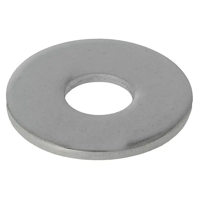 Profi Depot Bauscheibe A2 - Außendurchmesser: 25 mm, 100 Stk., Edelstahl - Nahaufnahme einer einzelnen, metallischen Unterlegscheibe auf schwarzem Hintergrund, ideal für Bau- und Reparaturarbeiten.