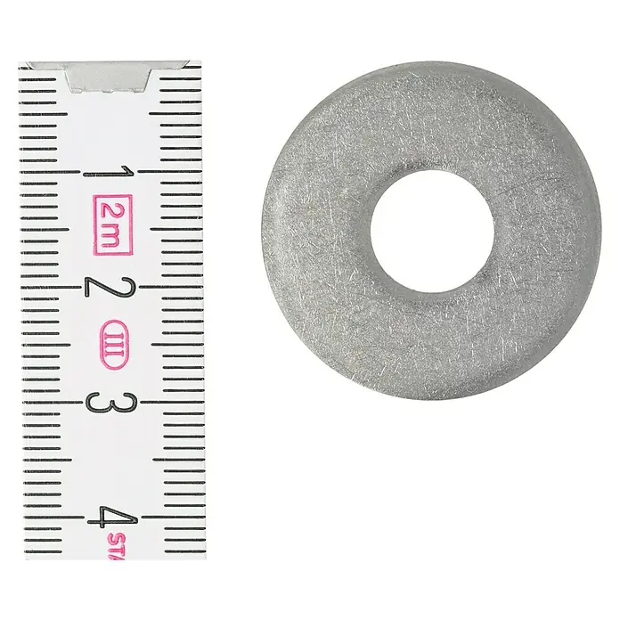 Profi Depot Bauscheibe A2 - Außendurchmesser: 30 mm, 100 Stk., Edelstahl - Nahaufnahme einer Unterlegscheibe neben einem Messwerkzeug, um die Größe des Produkts im Verhältnis zu einer metrischen Skala zu zeigen.